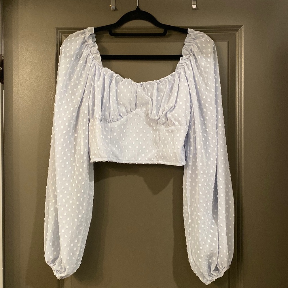 MakeMeChic Women's Swiss Dots Frill Trim Bishop Sleeve Crop Blouse Light Blue M
